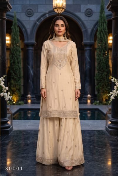 Ethereal Cream Chinnon 3 Piece Suit with Hand Beads and Sequins Embroidery For Festival Wear Designer Plazzo Salwar Suits Wholesale