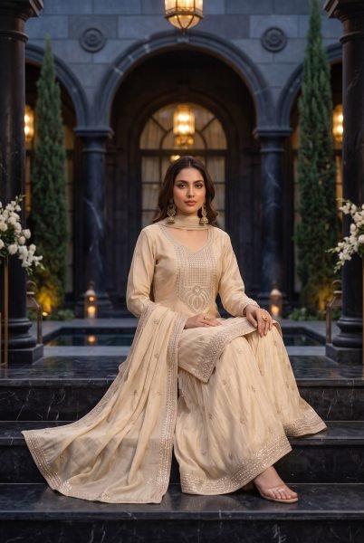 Ethereal Cream Chinnon 3 Piece Suit with Hand Beads and Sequins Embroidery For Festival Wear Designer Plazzo Salwar Suits Wholesale