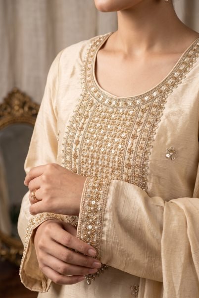 Ethereal Cream Chinnon 3 Piece Suit with Hand Beads and Sequins Embroidery For Festival Wear Designer Plazzo Salwar Suits Wholesale