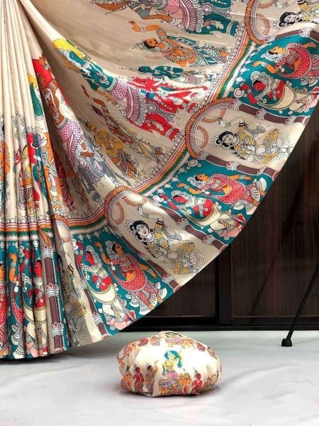 Ethereal Cream Designer Handloom Silk Saree with Traditional Kalamkari Art For Festive Sarees 