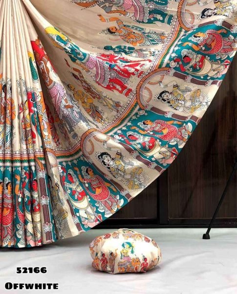 Ethereal Cream Designer Handloom Silk Saree with Traditional Kalamkari Art For Festive Printed Cotton Sarees Wholesale