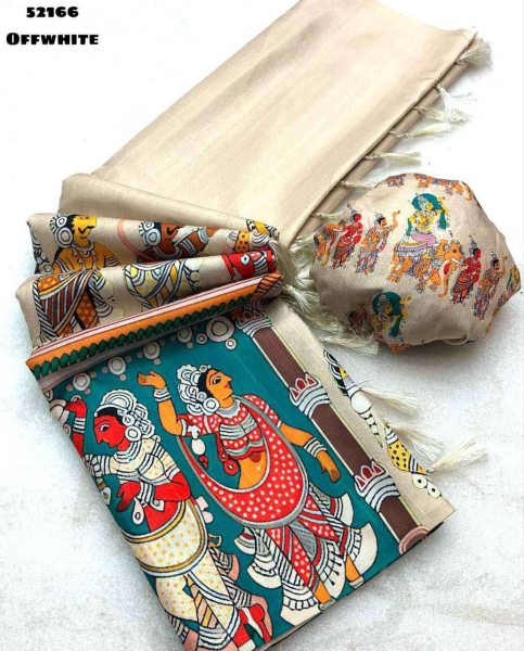 Ethereal Cream Designer Handloom Silk Saree with Traditional Kalamkari Art For Festive Printed Cotton Sarees Wholesale