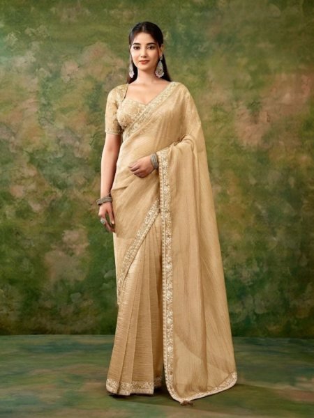 Ethereal Cream Premium Tissue Organza Saree with Fancy Work Blouse For Wedding Sarees 