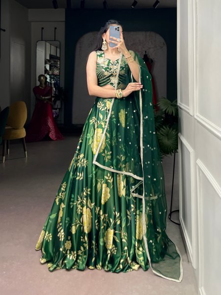 Ethereal Dark Green Floral Print Satin Silk Lehenga with Embroidered Banglory Blouse Designer Lehenga Choli