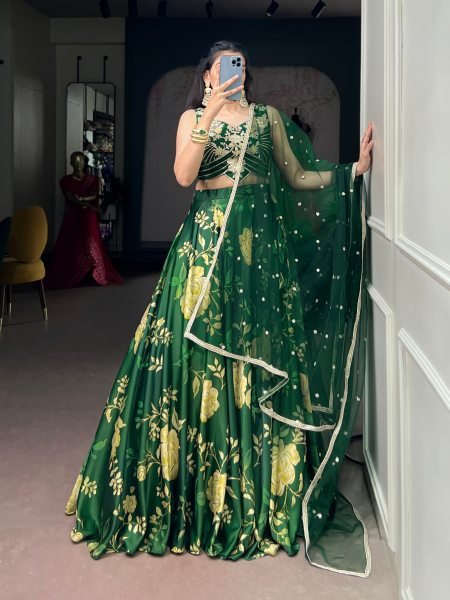 Ethereal Dark Green Floral Print Satin Silk Lehenga with Embroidered Banglory Blouse Designer Lehenga Choli