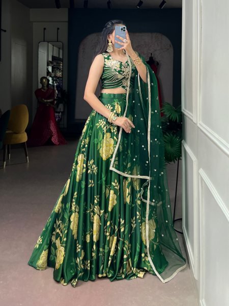 Ethereal Dark Green Floral Print Satin Silk Lehenga with Embroidered Banglory Blouse Designer Lehenga Choli