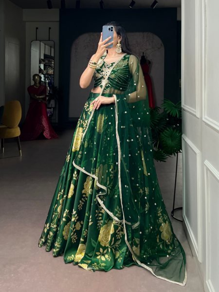 Ethereal Dark Green Floral Print Satin Silk Lehenga with Embroidered Banglory Blouse Designer Lehenga Choli