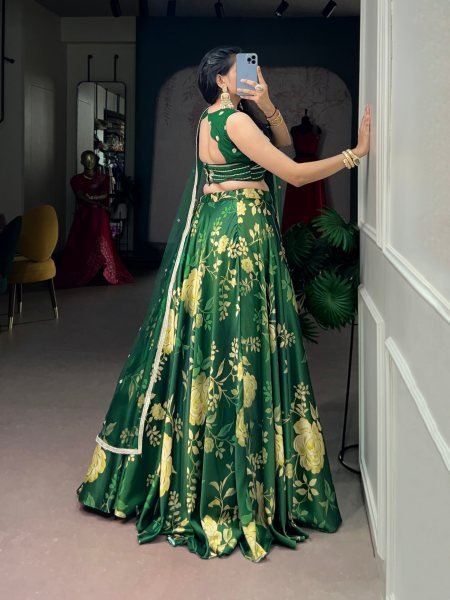 Ethereal Dark Green Floral Print Satin Silk Lehenga with Embroidered Banglory Blouse Designer Lehenga Choli