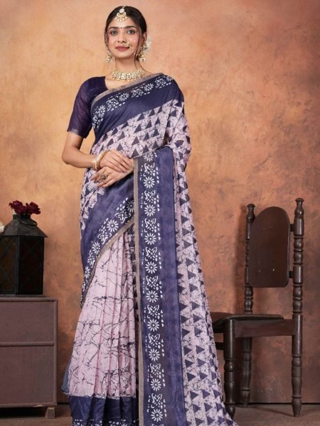 Ethereal Grace Soft Chanderi Printed Saree with Gold Border & Matching Blouse Piece Sarees 