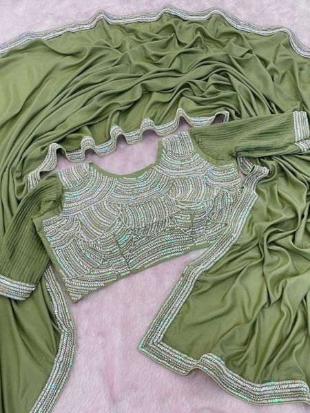 Ethereal Green Chocolate Silk Saree with Beads Embroidery and Piping Lace 
