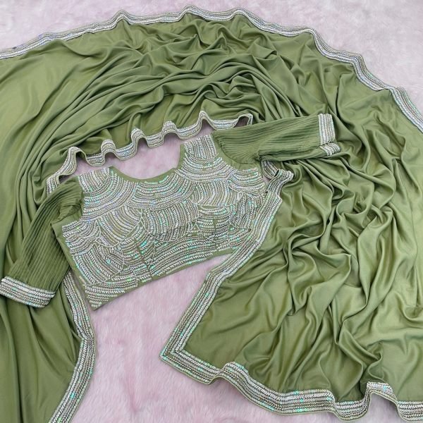 Ethereal Green Chocolate Silk Saree with Beads Embroidery and Piping Lace Embroidery Sarees Wholesale