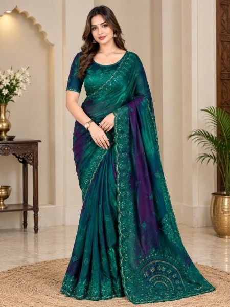 Ethereal Green Designer Fandy Satin Saree with Matching Embroidered Blouse for Diwali 