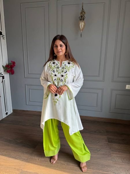 Ethereal Green Designer Neutral Crepe Top with Heavy Embroidery Work For Festival CO ORD Sets