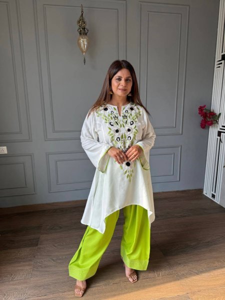 Ethereal Green Designer Neutral Crepe Top with Heavy Embroidery Work For Festival CO ORD Sets