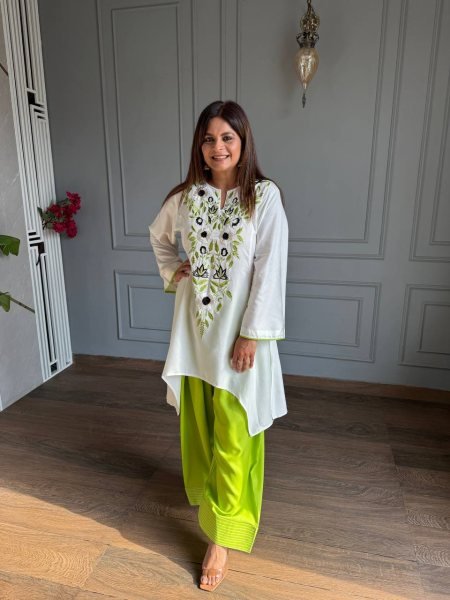 Ethereal Green Designer Neutral Crepe Top with Heavy Embroidery Work For Festival CO ORD Sets