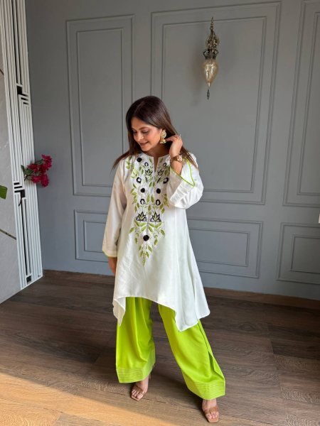 Ethereal Green Designer Neutral Crepe Top with Heavy Embroidery Work For Festival CO ORD Sets