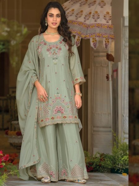 Ethereal Green Heavy Chinon Suit Set with Embroidered Palazzo and Dupatta 