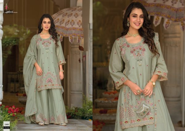 Ethereal Green Heavy Chinon Suit Set with Embroidered Palazzo and Dupatta Designer Plazzo Salwar Suits Wholesale