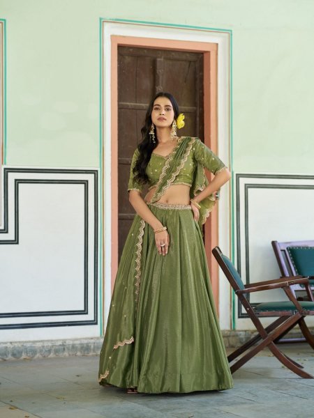 Ethereal Green Premium 4 Meter Flair Chinon Lehenga for Reception and Engagement Wear 