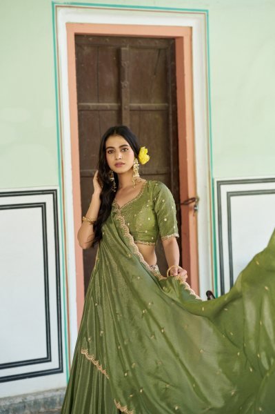 Ethereal Green Premium 4 Meter Flair Chinon Lehenga for Reception and Engagement Wear Designer Lehenga Choli