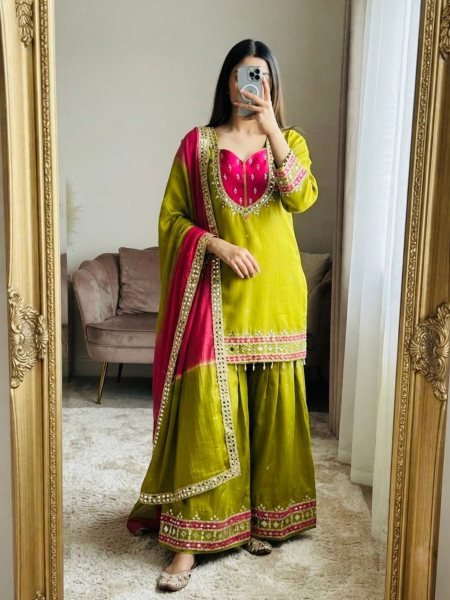 Ethereal Green Roman Glass Real Mirror Work Palazzo Suit with Kota Checks Dupatta 