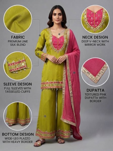 Ethereal Green Roman Glass Real Mirror Work Palazzo Suit with Kota Checks Dupatta Ready To Wear Collection