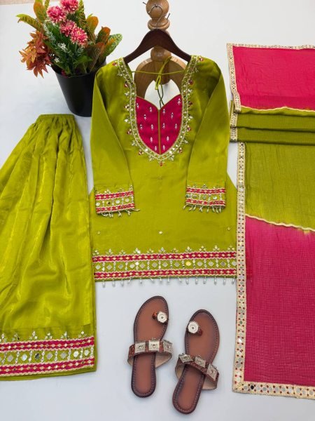 Ethereal Green Roman Glass Real Mirror Work Palazzo Suit with Kota Checks Dupatta Ready To Wear Collection