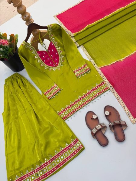 Ethereal Green Roman Glass Real Mirror Work Palazzo Suit with Kota Checks Dupatta Ready To Wear Collection