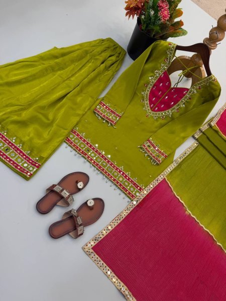Ethereal Green Roman Glass Real Mirror Work Palazzo Suit with Kota Checks Dupatta Ready To Wear Collection
