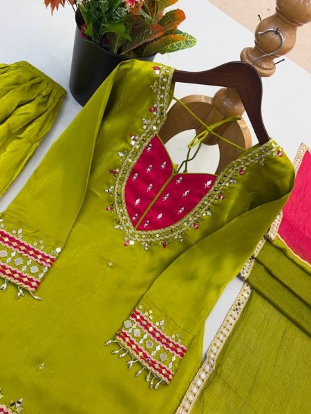 Ethereal Green Roman Glass Real Mirror Work Palazzo Suit with Kota Checks Dupatta Ready To Wear Collection