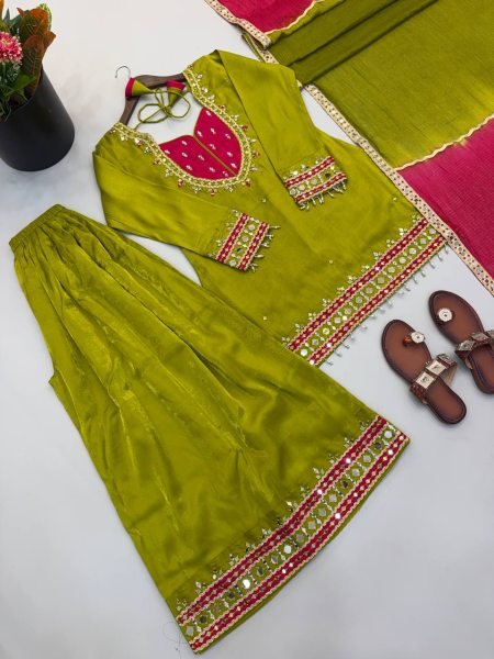Ethereal Green Roman Glass Real Mirror Work Palazzo Suit with Kota Checks Dupatta Ready To Wear Collection