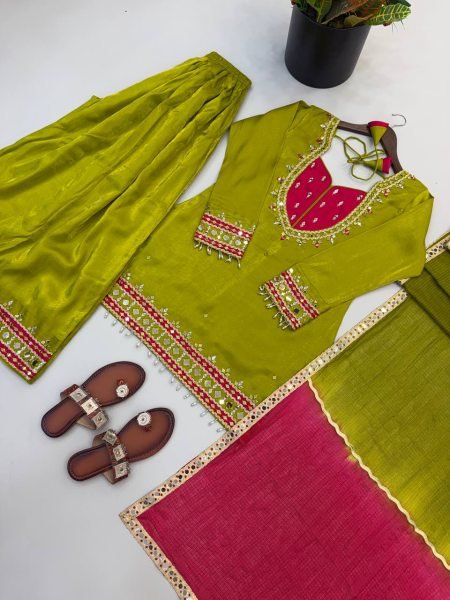 Ethereal Green Roman Glass Real Mirror Work Palazzo Suit with Kota Checks Dupatta Ready To Wear Collection