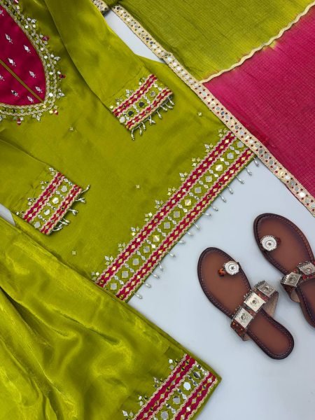 Ethereal Green Roman Glass Real Mirror Work Palazzo Suit with Kota Checks Dupatta Ready To Wear Collection