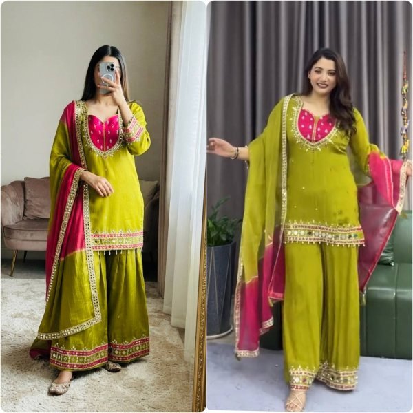 Ethereal Green Roman Glass Real Mirror Work Palazzo Suit with Kota Checks Dupatta Ready To Wear Collection