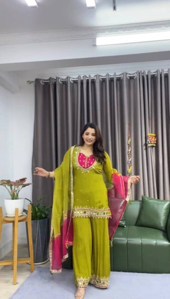 Ethereal Green Roman Glass Real Mirror Work Palazzo Suit with Kota Checks Dupatta Ready To Wear Collection