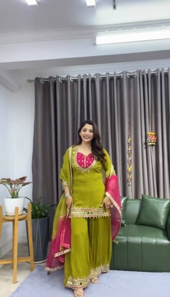 Ethereal Green Roman Glass Real Mirror Work Palazzo Suit with Kota Checks Dupatta Ready To Wear Collection