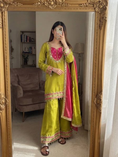 Ethereal Green Roman Glass Real Mirror Work Palazzo Suit with Kota Checks Dupatta Ready To Wear Collection