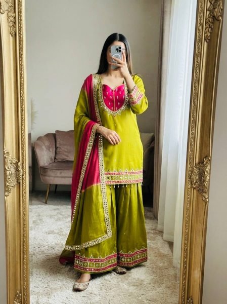 Ethereal Green Roman Glass Real Mirror Work Palazzo Suit with Kota Checks Dupatta Ready To Wear Collection