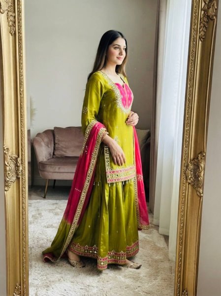 Ethereal Green Roman Glass Real Mirror Work Palazzo Suit with Kota Checks Dupatta Ready To Wear Collection