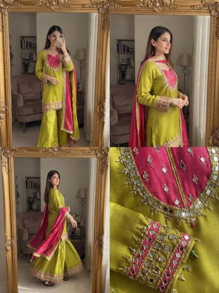 Ethereal Green Roman Glass Real Mirror Work Palazzo Suit with Kota Checks Dupatta Ready To Wear Collection