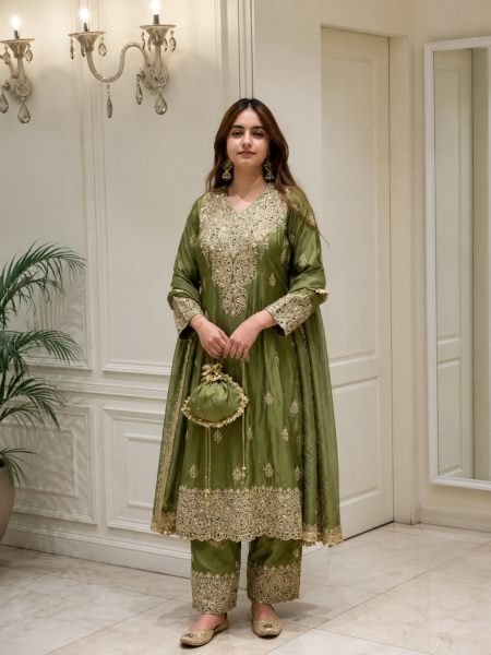Ethereal Green Roman Silk Embroidered Top Pant Dupatta Set with Fancy Neck Work Ready To Wear Suit
