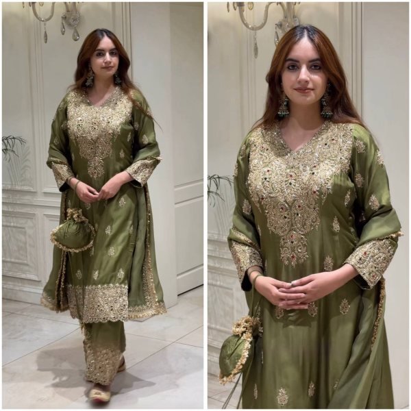 Ethereal Green Roman Silk Embroidered Top Pant Dupatta Set with Fancy Neck Work Ready To Wear Collection