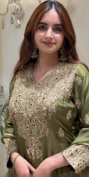 Ethereal Green Roman Silk Embroidered Top Pant Dupatta Set with Fancy Neck Work Ready To Wear Collection