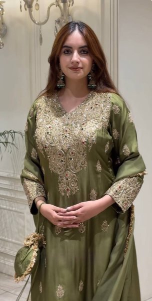 Ethereal Green Roman Silk Embroidered Top Pant Dupatta Set with Fancy Neck Work Ready To Wear Collection