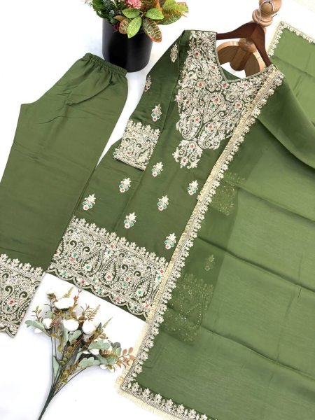 Ethereal Green Roman Silk Embroidered Top Pant Dupatta Set with Fancy Neck Work Ready To Wear Collection