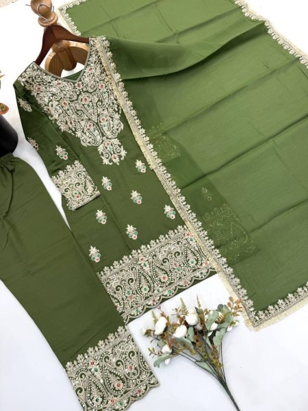 Ethereal Green Roman Silk Embroidered Top Pant Dupatta Set with Fancy Neck Work Ready To Wear Collection