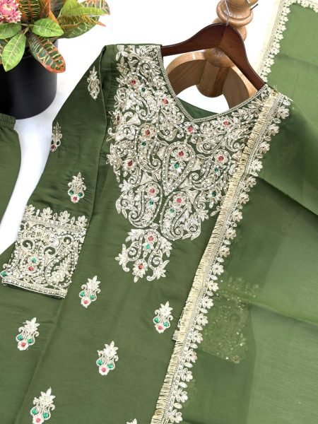Ethereal Green Roman Silk Embroidered Top Pant Dupatta Set with Fancy Neck Work Ready To Wear Collection