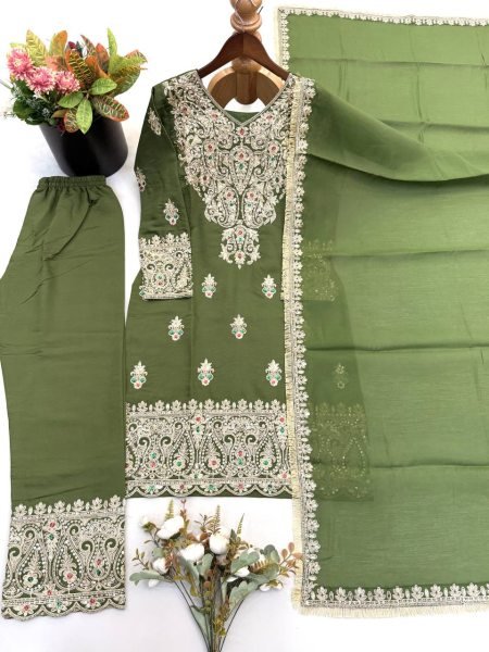 Ethereal Green Roman Silk Embroidered Top Pant Dupatta Set with Fancy Neck Work Ready To Wear Collection
