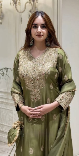 Ethereal Green Roman Silk Embroidered Top Pant Dupatta Set with Fancy Neck Work Ready To Wear Collection