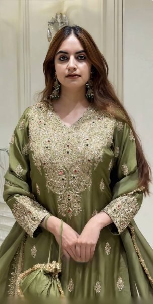 Ethereal Green Roman Silk Embroidered Top Pant Dupatta Set with Fancy Neck Work Ready To Wear Collection
